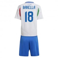 Italien EM 2024 Børn Barella 18 Udebanetrøje Fodboldsæt